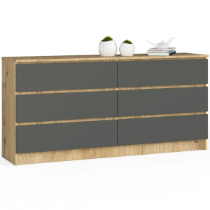 Grande Commode Pour Le Salon Akord K160 Chêne Artisan 160 Cm 6 Tiroirs Façade Gris Graphite 160X40X77 Cm