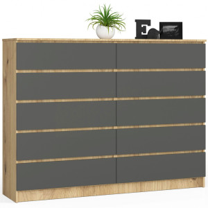 Grande Commode Pour Le Salon Akord K160 Chêne Artisan 160 Cm 10 Tiroirs Façade Gris Graphite 160X40X121 Cm