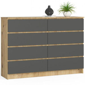 Commode Akord K140 Chêne Artisan 138 Cm 8 Tiroirs Façade Gris Graphite 138X40X99 Cm