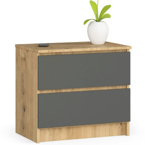 Table De Chevet Akord K60 Chêne Artisan 60 Cm 2 Tiroirs Façade Gris Graphite 60X40X55 Cm