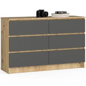Commode Akord K120 Chêne Artisan 120 Cm 6 Tiroirs Façade Gris Graphite 120X40X77 Cm