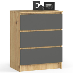 Commode Akord K60 Chêne Artisan 60 Cm 3 Tiroirs Façade Gris Graphite 60X40X77 Cm