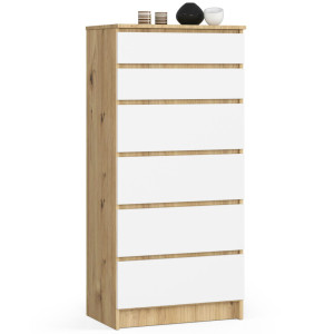 Commode Akord K60 Chêne Artisan 60 Cm 6 Tiroirs Façade Blanche 60X40X130 Cm
