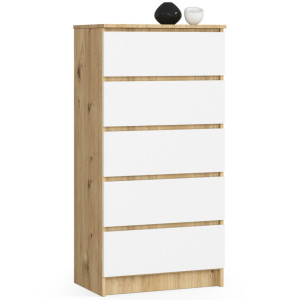 Commode Akord K60 Chêne Artisan 60 Cm 5 Tiroirs Façade Blanche 60X40X121 Cm