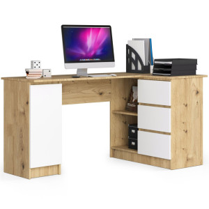 Grand Bureau D'angle Akord Droit B20 Chêne Artisan 155 Cm 1 Porte 3 Tiroirs Façade Blanche 4 Étagères 155X85X77 Cm