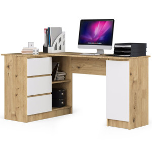 Grand Bureau D'angle Akord Gauche B20 Chêne Artisan 155 Cm 1 Porte 3 Tiroirs Façade Blanche 4 Étagères 155X85X77 Cm