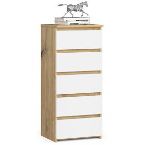 Commode Akord Cl5 Chêne Artisan 40 Cm 5 Tiroirs Façade Blanche 40X35X92 Cm