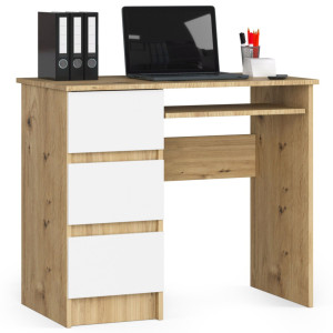 Bureau D'ordinateur Akord Gauche A6 Chêne Artisan 90 Cm 3 Tiroirs Façade Blanche 1 Étagère 90X50X77 Cm