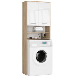 Meuble Pour Machine À Laver Fin Chêne Sonoma 64 Cm 2 Portes Façade Blanche Brillante Niche 4 Étagères 64X30X180 Cm