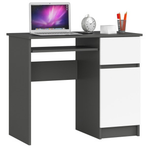 Bureau D'ordinateur Akord Droit Piksel Gris Graphite 90 Cm 1 Porte 1 Tiroir Façade Blanche 3 Étagères 90X50X77 Cm