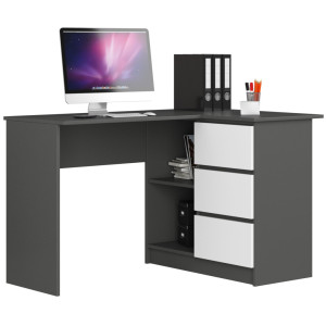 Bureau Akord D'angle Droit B16 Gris Graphite 124 Cm 3 Tiroirs Façade Blanche 2 Étagères 124X85X77 Cm