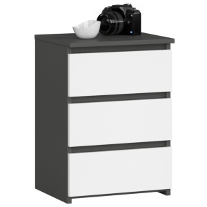 Table De Chevet Akord Cl3 Gris Graphite 40 Cm 3 Tiroirs Façade Blanche 40X35X57 Cm