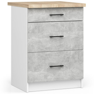 Armoires De Cuisine Basse Akord S60 Oliwia Modulable Blanc 60 Cm 3 Tiroirs Façade Béton 60X46X85 Cm