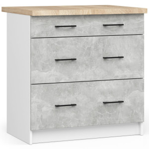 Armoires De Cuisine Basse Akord S80 Oliwia Modulable Blanc 80 Cm 3 Tiroirs Façade Béton 80X46X85 Cm