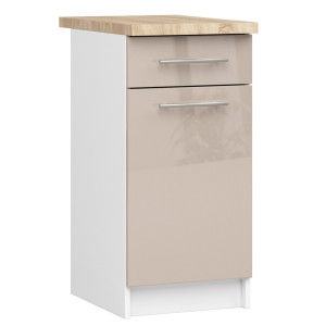 Armoires De Cuisine Basse Akord S40 Oliwia Blanc 40 Cm 1 Porte 1 Tiroir Façade Cappuccino Brillant 2 Étagères 40X46X85 Cm