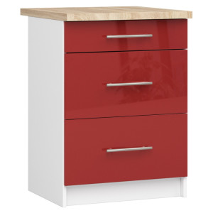 Armoires De Cuisine Basse Akord S60 Oliwia Modulable Blanc 60 Cm 3 Tiroirs Façade Rouge Brillante 60X46X85 Cm