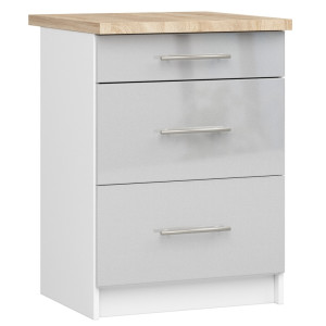 Armoires De Cuisine Basse Akord S60 Oliwia Modulable Blanc 60 Cm 3 Tiroirs Façade Métallique Brillant 60X46X85 Cm