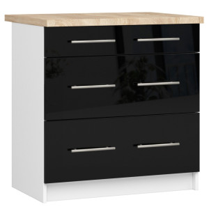 Armoires De Cuisine Basse Akord S80 Oliwia Modulable Blanc 80 Cm 3 Tiroirs Façade Noir Brillant 80X46X85 Cm