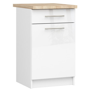 Armoires De Cuisine Basse Akord S50 Oliwia Blanc 50 Cm 1 Porte 1 Tiroir Façade Blanche Brillante 2 Étagères 50X46X85 Cm