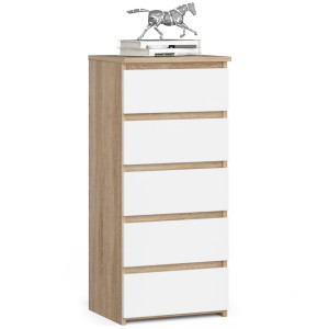 Commode Akord Cl5 Chêne Sonoma 40 Cm 5 Tiroirs Façade Blanche 40X35X92 Cm