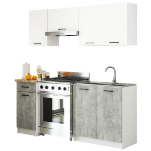 Ensemble De Cuisine Akord Oliwia 1.8M Blanc 180 Cm 7 Portes 1 Tiroir Façade Béton 8 Étagères 180X46X203 Cm