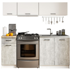 Ensemble De Cuisine Akord Oliwia G1 Blanc 180 Cm 6 Portes 1 Tiroir Façade Béton 6 Étagères 180X46X174 Cm
