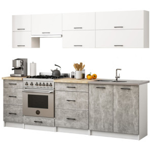 Ensemble De Cuisine Akord Oliwia G2 Blanc 240 Cm 10 Portes 6 Tiroirs Façade Béton 240X46X203 Cm