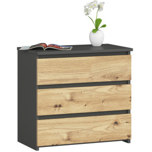 Table De Chevet Akord Cl3 Gris Graphite 60 Cm 3 Tiroirs Façade Chêne Artisan 60X35X57 Cm