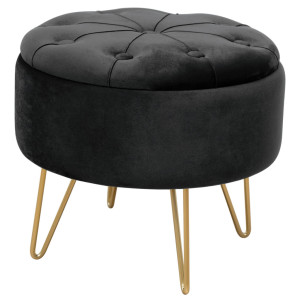 Pouf De Rangement Avec Couvercle Matelassé Akord Caro Velour Colour Noir Hauteur 33 Cm