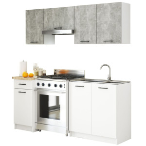 Ensemble De Cuisine Akord Oliwia 1.8M Béton 180 Cm 7 Portes 1 Tiroir Façade Blanche 8 Étagères 180X46X203 Cm