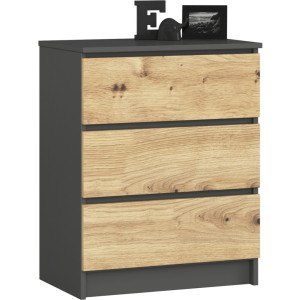 Commode Akord K60 Gris Graphite 60 Cm 3 Tiroirs Façade Chêne Artisan 60X40X77 Cm