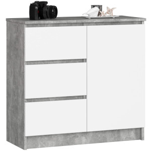 Commode Akord Jerry Béton 80 Cm 1 Porte 3 Tiroirs Façade Blanche 2 Étagères 80X35X77 Cm