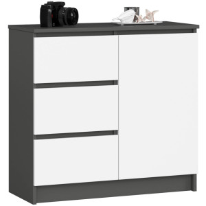 Commode Akord Jerry Gris Graphite 80 Cm 1 Porte 3 Tiroirs Façade Blanche 2 Étagères 80X35X77 Cm