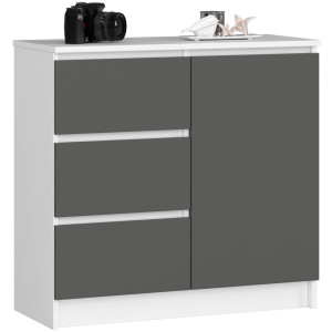 Commode Akord Jerry Blanche 80 Cm 1 Porte 3 Tiroirs Façade Gris Graphite 2 Étagères 80X35X77 Cm