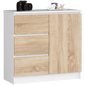 Commode Akord Jerry Blanche 80 Cm 1 Porte 3 Tiroirs Façade Chêne Sonoma 2 Étagères 80X35X77 Cm