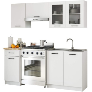 Ensemble De Cuisine Vitré Akord Oliwia 1.8M Blanc 180 Cm 7 Portes 1 Tiroir Façade Blanche 8 Étagères 180X46X203 Cm
