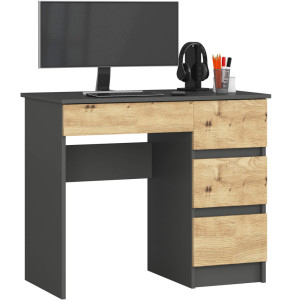 Bureau D'ordinateur Akord Droit A7 Gris Graphite 90 Cm 4 Tiroirs Façade Chêne Artisan 90X50X77 Cm