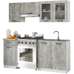 Ensemble De Cuisine Vitré Akord Oliwia 1.8M Béton 180 Cm 7 Portes 1 Tiroir Façade Béton 8 Étagères 180X46X203 Cm