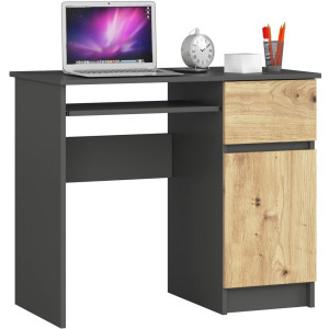 Bureau D'ordinateur Akord Droit Piksel Gris Graphite 90 Cm 1 Porte 1 Tiroir Façade Chêne Artisan 3 Étagères 90X50X77 Cm