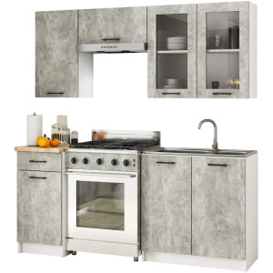 Ensemble De Cuisine Vitré Akord Oliwia 1.8M H720 Béton 180 Cm 7 Portes 1 Tiroir Façade Béton 8 Étagères 180X46X203 Cm