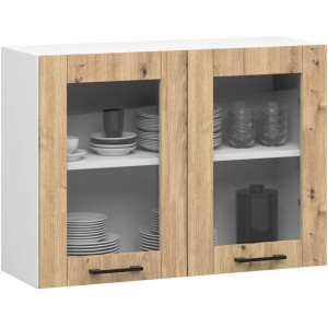 Vitrine De Cuisine Akord Oliwia W80 Blanche 80 Cm 2 Portes Façade Chêne Artisan 2 Étagères 80X30,5X58 Cm