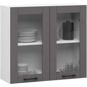 Vitrine De Cuisine Akord Oliwia W80 H720 Blanche 80 Cm 2 Portes Façade Gris Graphite 2 Étagères 80X30,5X72 Cm