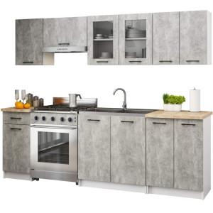 Ensemble De Cuisine Vitré Akord Oliwia 2.4M Béton 240 Cm 11 Portes 1 Tiroir Façade Béton 240X46X203 Cm