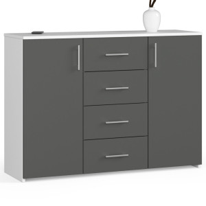 Commode Akord K45 Blanche 110 Cm 2 Portes 4 Tiroirs Façade Gris Graphite 4 Étagères 110X35X80 Cm