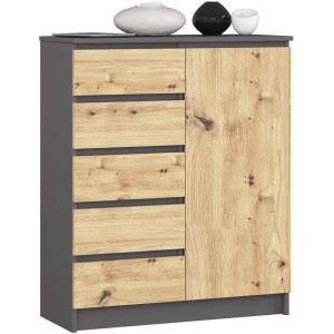 Commode Akord K80 Gris Graphite 80 Cm 1 Porte 5 Tiroirs Façade Chêne Artisan 3 Étagères 80X35X97 Cm