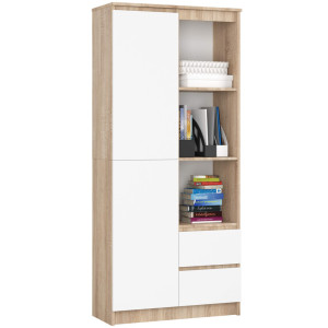 Bibliothèque De Bureau Akord R11 Chêne Sonoma 80 Cm 1 Porte 2 Tiroirs Façade Blanche Mat 7 Étagères 80X35X180 Cm