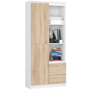 Bibliothèque De Bureau Akord R11 Blanche 80 Cm 1 Porte 2 Tiroirs Façade Chêne Sonoma Mat 7 Étagères 80X35X180 Cm