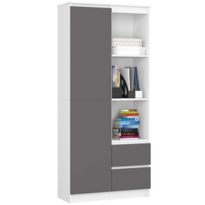 Bibliothèque De Bureau Akord R11 Blanche 80 Cm 1 Porte 2 Tiroirs Façade Gris Graphite Mat 7 Étagères 80X35X180 Cm