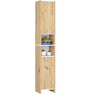 Colonne Salle De Bain Akord Beti Chêne Artisan 32 Cm 2 Portes Façade Blanche 4 Étagères 32X28X180 Cm