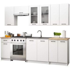 Ensemble De Cuisine Vitré Oliwia 2.4M Blanc 240 Cm 11 Portes 1 Tiroir Façade Blanche 240X46X203 Cm